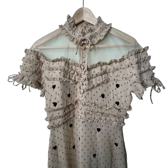 NBD Cherry Pie Mini Dress Sz M Nude Black Polka Dot Sequin Heart Ruffle Revolve - Picture 3 of 13